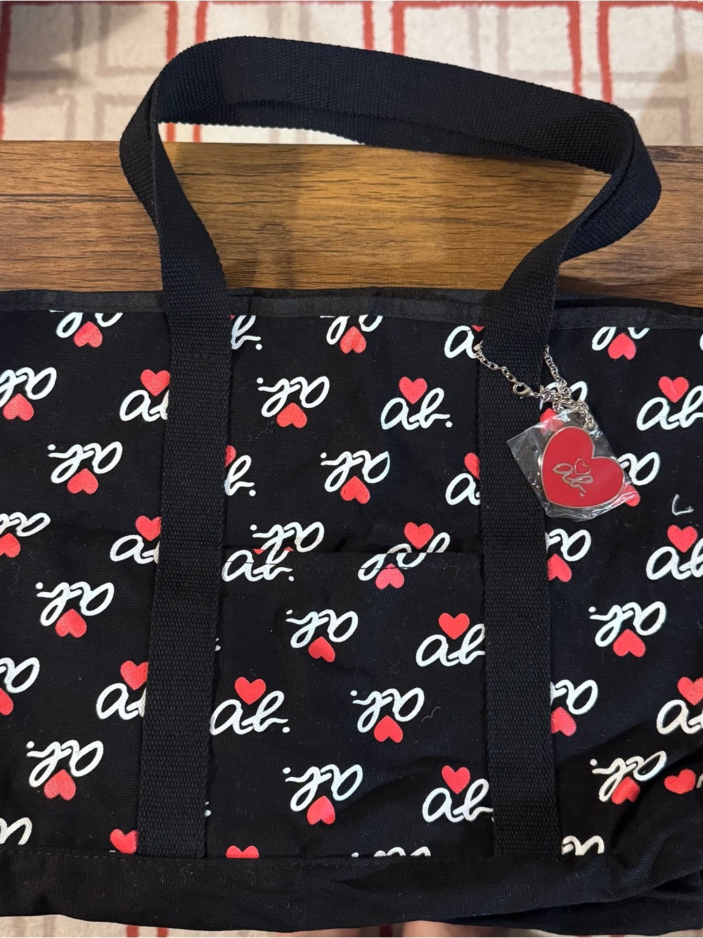 Agnes b. VOYAGE Black Heart & Logo Monogram Canvas Tote Bag with Charm